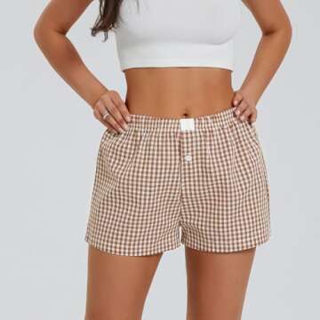 Women's Y2K Lounge Shorts Cute Soft Elastic Low Waist Plaid Print Button Front Pajama Bottoms Boxer Shorts Sleepwear (Yellow, XXL)