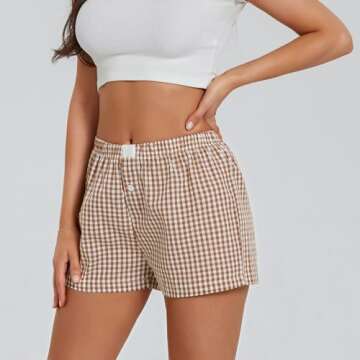 Women's Y2K Lounge Shorts Cute Soft Elastic Low Waist Plaid Print Button Front Pajama Bottoms Boxer Shorts Sleepwear (Yellow, XXL)