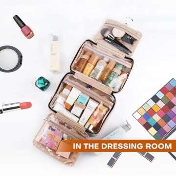 BAFAMYE 8L Travel Toiletry Bag for women - 2.1 GAL Water-resistant Makeup Cosmetic Bag Organizer With Hanging Hook for Travel Accessories Shampoo Full-size Container, Beige