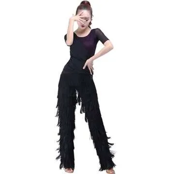 JEZISYMA Women's Black Red Tassels Ballroom Latin Salsa Dance Pants
