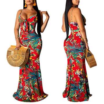 SheKiss Women's Summer Floral Maxi Dresses Sexy Low-Cut Spaghetti Strap Beach Outfits Red