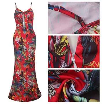 SheKiss Women's Summer Floral Maxi Dresses Sexy Low-Cut Spaghetti Strap Beach Outfits Red
