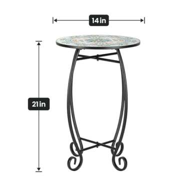 Side Table, 14" Round End Table, Unique Relief Ceramic Tile Tabletop with Metal Frame, Metal Scrollwork Accent Table, Coffee Tea Table Nightstand for Living Room, Bedroom, Indoor Outdoor Use