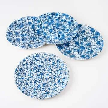 Blue & White Floral Pattern Picnic/Dinner Plate, 9 Inch Melamine, Set of 4