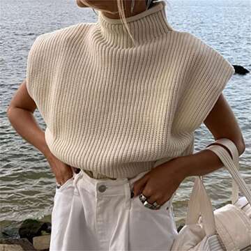 Sdencin Women Sleeveless Shoulder Pad Knit Sweater Vest High Neck Cap Sleeve Casual Solid Knitted Pullover Tank Top Apricot