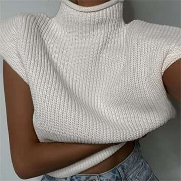 Sdencin Women Sleeveless Shoulder Pad Knit Sweater Vest High Neck Cap Sleeve Casual Solid Knitted Pullover Tank Top Apricot