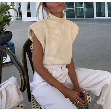 Sdencin Women Sleeveless Shoulder Pad Knit Sweater Vest High Neck Cap Sleeve Casual Solid Knitted Pullover Tank Top Apricot