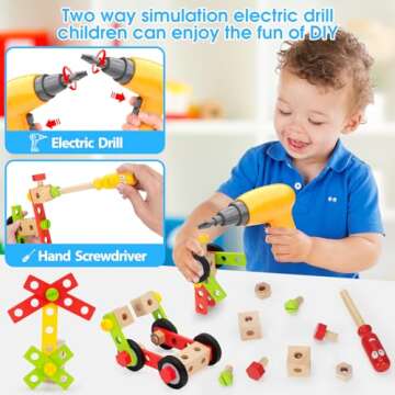 Kids Tool Set Toys for 3, 4, 5, 6, 7 Year Old Boys, Wooden Toddler Tools Set with Electric Drill & T...