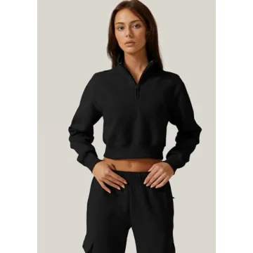 Stylish QINSEN High Neck Half Zip Crop Sweatshirt