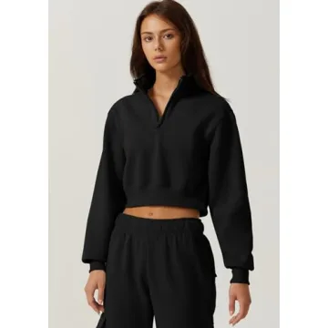 Stylish QINSEN High Neck Half Zip Crop Sweatshirt