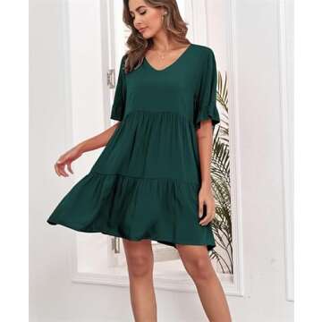 REDMORE Summer Dresses for Women 2024 Casual Babydoll V Neck Ruffle Short Sleeve A Line Dress Beach Tiered Dress with Pockets
