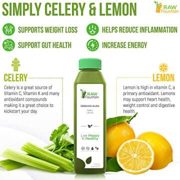 Celery Juice Cleanse by Raw Fountain, All Natural Raw, Cold Pressed Juices, Morning Detox Cleanse, 18 Bottles 12oz, 3 Bonus Ginger Shots