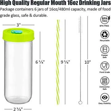 Glass Drinking Bottle Travel Drinking Jars 6 Pack, 16oz Mason Jars Regular Mouth Beverage Bottle with Airtight Lids &Straws, Reusable Water Bottle Skinny Tumbler for Juice/Smoothies,/Kombucha/Tea/Milk