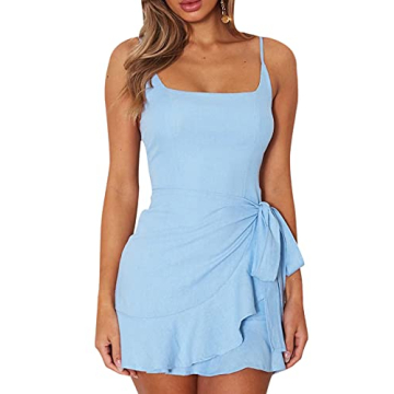 AIMCOO Women's Casual Ruffle Hem Wrap Dress - Spaghetti Strap Front Tie Knot Short Dresses in Blue