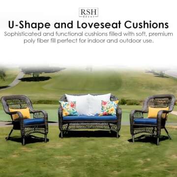 RSH DECOR: Tufted U-Shapes & Lumbars Set of 4 | 19” x 19” & 20" x 12" | Water-Resistant Spun Fabric | Outdoor Wicker Cushions & Support Pillows for Patio Furniture |