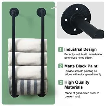 HouseAid Industrial Pipe Towel Rack, Farmhouse Bathroom Towel Storage Holder, Vintage Style Towel Organization, Wall Mounted, Matte Black