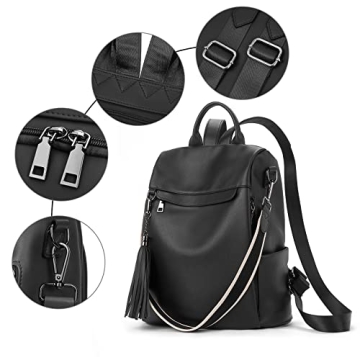Telena Backpack Purse for Women, PU Leather Anti Theft Travel Backpack Purse Shoulder Bags with Tassel Pure Black