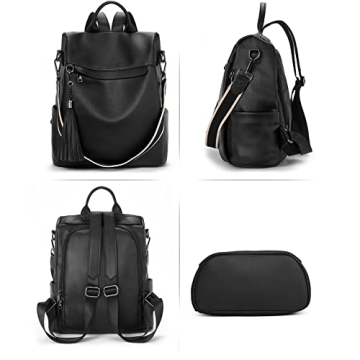 Telena Backpack Purse for Women, PU Leather Anti Theft Travel Backpack Purse Shoulder Bags with Tassel Pure Black