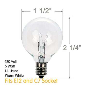 Clear Globe G40 Replacement Bulbs E12 Screw Base Light Bulbs 5W Globe Bulbs 1.5-Inch String Light Re...