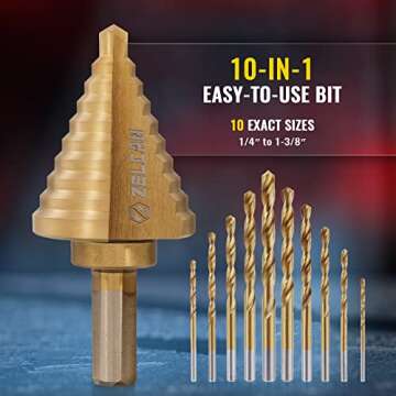 ZELCAN 10 Sizes Titanium Step Drill Bit - HSS Step Drill for Precise Drilling