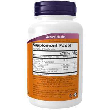 NOW Foods Supplements, Hyaluronic Acid 100 mg, Double Strength with L-Proline, Alpha Lipoic Acid and Grape Seed Extract, 120 Veg Capsules