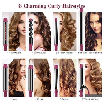 IG INGLAM Professional 8-in-1 Curling Iron Wand Set, Instant Heat Up Hair Curler with 8 Interchangea...