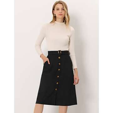 Allegra K Women's High Waist Button Front A-Line Belted Corduroy Midi Skirt - Stylish & Versatile