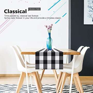 Syntus 14 x 72 inch Buffalo Check Table Runner Cotton-Polyester Blend Handmade Black and White Plaid for Family Dinner, Outdoor or Indoor Parties, Thanksgiving, Christmas & Gathering