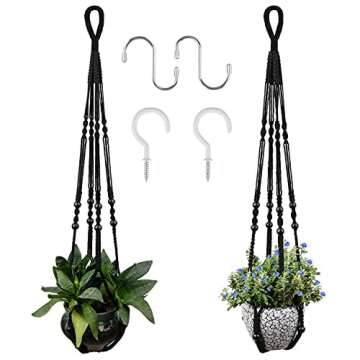RIFNY Macrame Plant Hanger for 5 to 10 Inch Plant Pots, 35 Inch Woven Rope Hanger Kits with Hooks and Wood Beads, Hanging Planter Basket for Indoor Boho Home Decor (Black, 2 Pack)