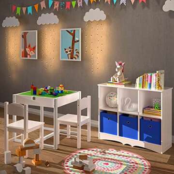 4NM 3 in 1 Kids Table Set for 2, Children Table and Chairs, Toddler Play Activity Table with Hidden Storage Wood Building Block Table Desk for Ages 3-7 - White Green