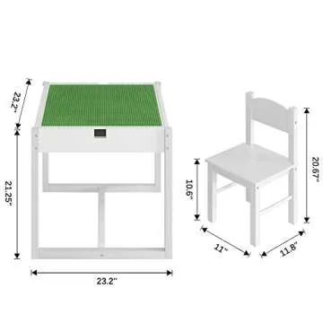 4NM 3 in 1 Kids Table Set for 2, Children Table and Chairs, Toddler Play Activity Table with Hidden Storage Wood Building Block Table Desk for Ages 3-7 - White Green