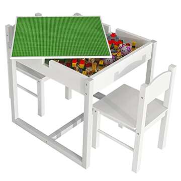 4NM 3 in 1 Kids Table Set for 2, Children Table and Chairs, Toddler Play Activity Table with Hidden Storage Wood Building Block Table Desk for Ages 3-7 - White Green
