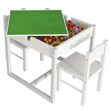 4NM 3 in 1 Kids Table Set for 2, Children Table and Chairs, Toddler Play Activity Table with Hidden Storage Wood Building Block Table Desk for Ages 3-7 - White Green