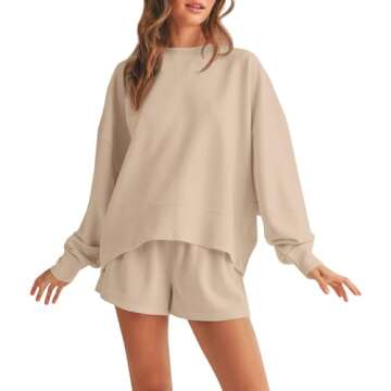 Tankaneo Women's Pajamas Set Lounge Wear Sets Long Sleeve Sweatsuit Matching 2 Piece Outfits Casual Pullover Sets Khaki