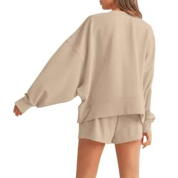 Tankaneo Women's Pajamas Set Lounge Wear Sets Long Sleeve Sweatsuit Matching 2 Piece Outfits Casual Pullover Sets Khaki