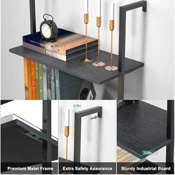 Ladder Shelf Bookshelf, 5-Tier Industrial Bookshelf with Metal Frame and Wood Board, Wall Mounted Bookcase Open Shelf Organizer for Home Office, Bedroom and Living Room, Black Walnut