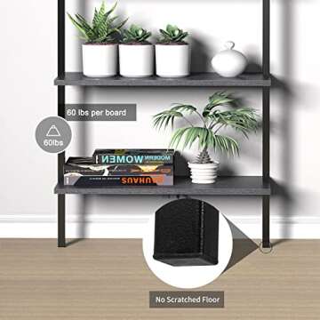 Ladder Shelf Bookshelf, 5-Tier Industrial Bookshelf with Metal Frame and Wood Board, Wall Mounted Bookcase Open Shelf Organizer for Home Office, Bedroom and Living Room, Black Walnut