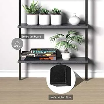 Ladder Shelf Bookshelf, 5-Tier Industrial Bookshelf with Metal Frame and Wood Board, Wall Mounted Bookcase Open Shelf Organizer for Home Office, Bedroom and Living Room, Black Walnut