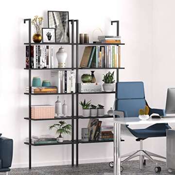 Ladder Shelf Bookshelf, 5-Tier Industrial Bookshelf with Metal Frame and Wood Board, Wall Mounted Bookcase Open Shelf Organizer for Home Office, Bedroom and Living Room, Black Walnut