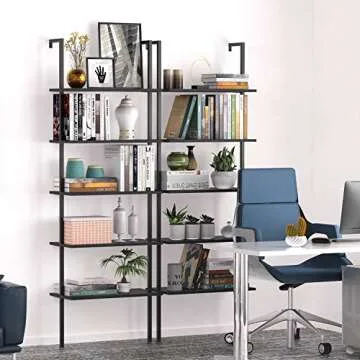 Ladder Shelf Bookshelf, 5-Tier Industrial Bookshelf with Metal Frame and Wood Board, Wall Mounted Bookcase Open Shelf Organizer for Home Office, Bedroom and Living Room, Black Walnut