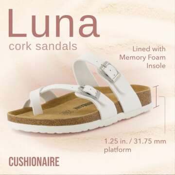 CUSHIONAIRE Luna Cork Footbed Women's Sandals - Comfortable Slip-On Slides with Adjustable Straps & ...