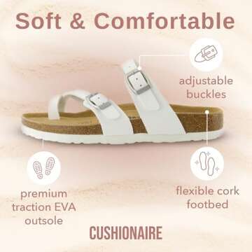 CUSHIONAIRE Luna Cork Footbed Women's Sandals - Comfortable Slip-On Slides with Adjustable Straps & Memory Foam for All-Day Wear | Beach Essential Summer Sandals for Women 2025, WHITE 7