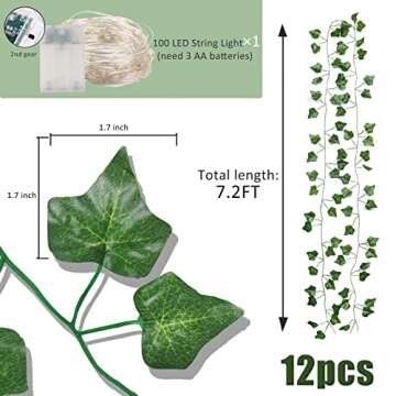 RECUTMS Ivy Fake Vines for Room Decor 12 Pack 86 FT Artificial Plant with 100 LED String Light Bedro...