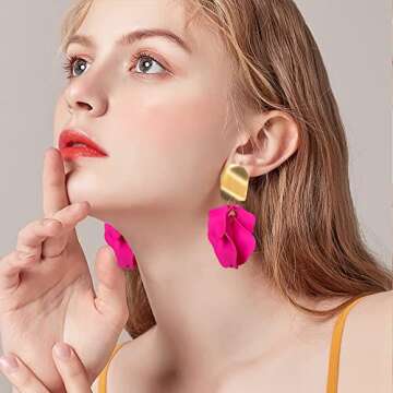 GUOXIAOMEI Chic Elegant Boho Red Rose Petal Dangle Resin Earrings Drop Acrylic Tiered Matte Flower Earrings Statement Exaggerated Floral Tassel Earrings for Women (Rose Red)