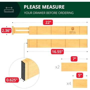 ROYAL CRAFT WOOD Adjustable Bamboo Drawer Dividers Organizers (17" - 21.5") with Inserts - Expandabl...