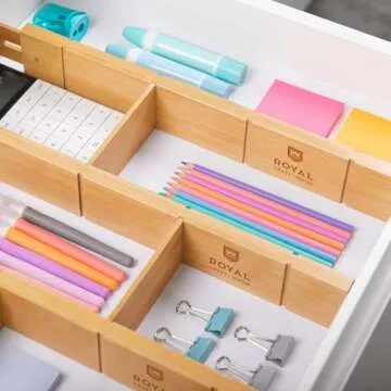 ROYAL CRAFT WOOD Adjustable Bamboo Drawer Dividers Organizers (17" - 21.5") with Inserts - Expandable Drawer Organization Separators for Kitchen Large Utensils, Clothes, Bedroom, 4-Pack