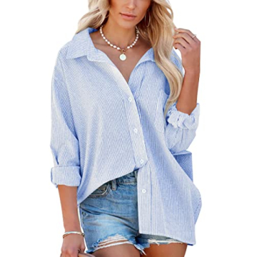 Flowyair Women's Oversized Button Down Shirts Business Casual Long Sleeve Blouse Work Striped Tops B...