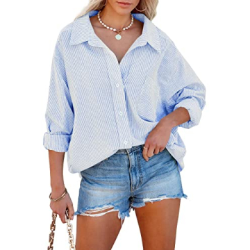 Flowyair Women's Oversized Button Down Shirts Business Casual Long Sleeve Blouse Work Striped Tops Blue