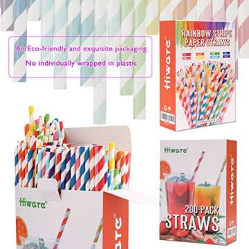 Hiware 200-Pack Biodegradable Rainbow Paper Straws - Eco-Friendly & Fun Party Supplies