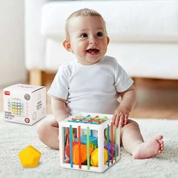 Tiyol Shape Sorter Baby Toys 12-18 Months, Montessori Learning, Developmental Toys, Cube Bin & 6 Sensory Shape Blocks, Fine Motor Skills, Birthday Gifts Toddler Boy Girl Age 1 2 3（6 Pieces）